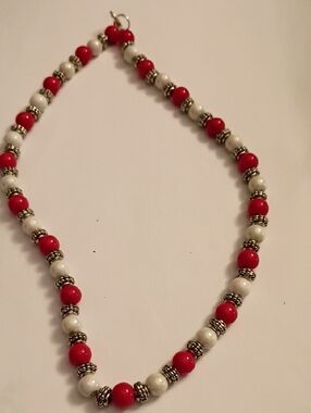 Red and White Beaded Necklace with Silver Accent Beads - Women's Jewelry